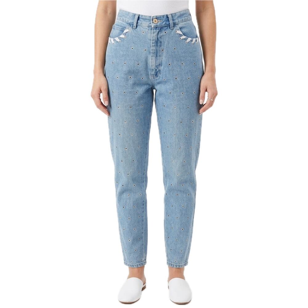 Vintage 90s Grommet Silver Ribbon Light Wash Blue High Rise Mom Jeans size 6